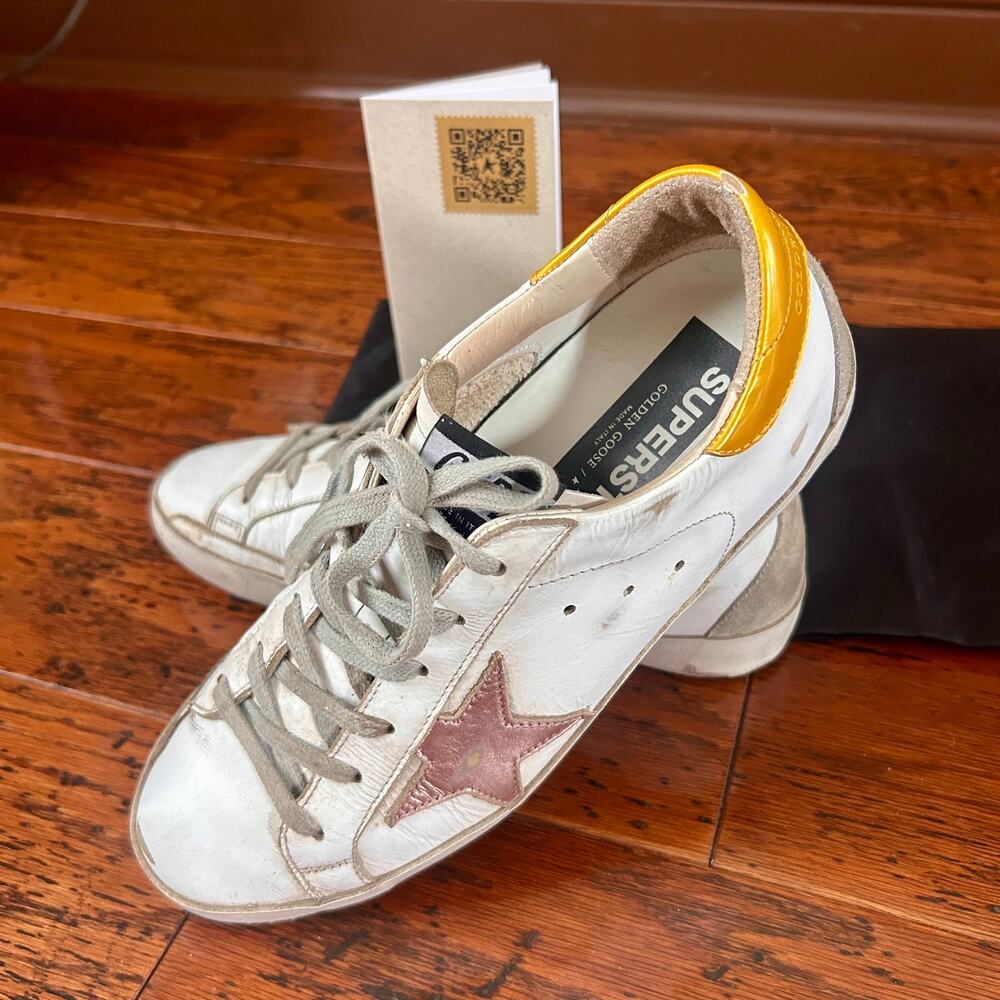 Golden Goose Superstar Sneakers w/Pink Metallic Star and Gold Heel Tab Sz 39
